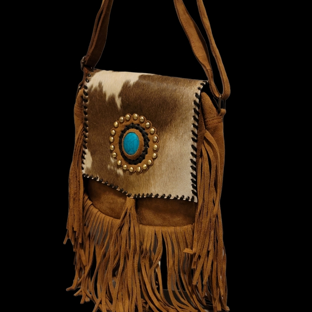Genuine cowhide and tooled leather crossbody purse